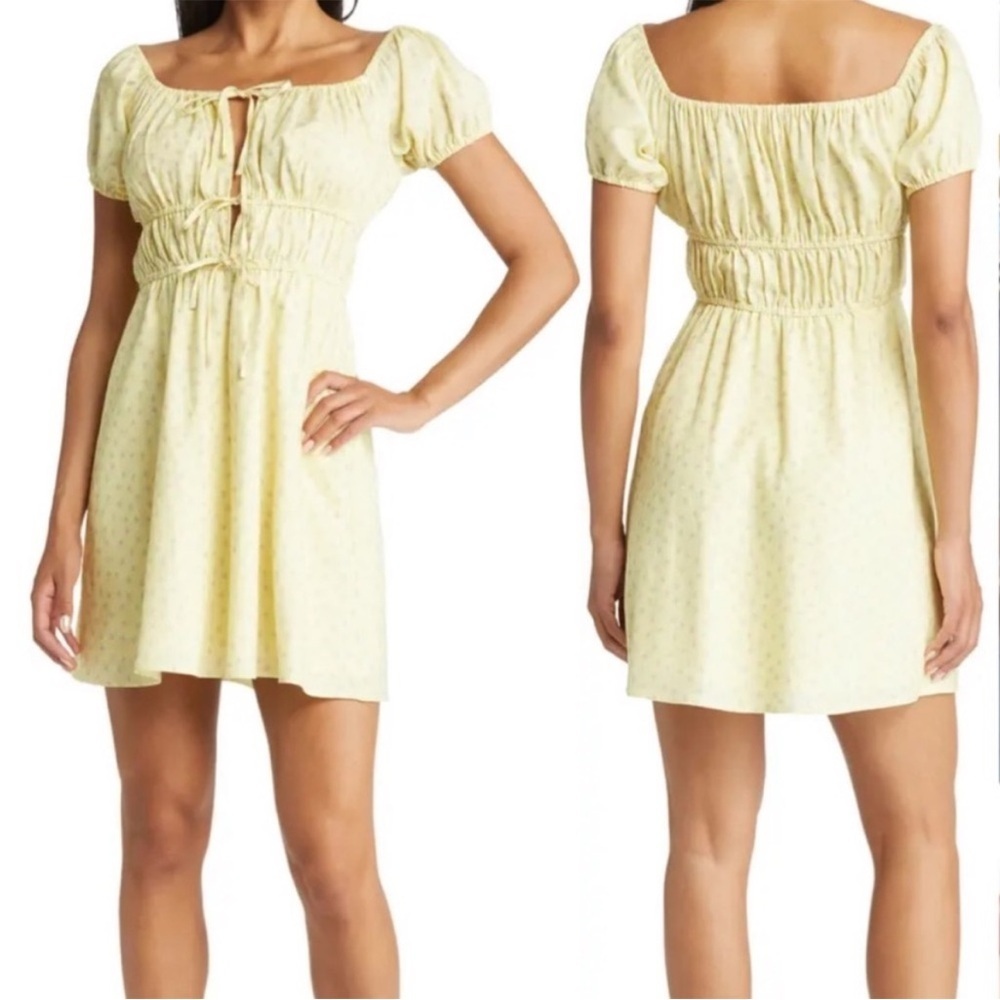 WAYF Sinclair Ditsy Floral Yellow Off The Shoulder Linen Mini Dress Tie Front